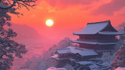 Poster - A snow-covered Japanese temple under a red sun during sunset