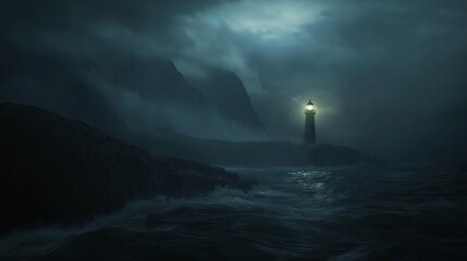 Poster - A stormy coastline with a lone lighthouse shining against the dark