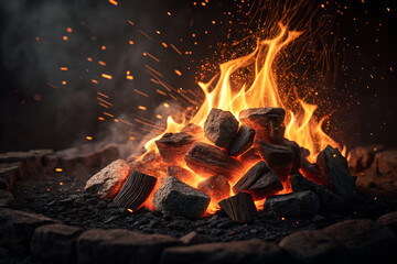 Wall Mural - a visually striking composition of burning charcoal, each piece glowing from within as flames curl a