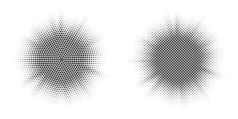 Fototapete - Burst halftone light effect. Glowing light burst halftone circle. Abstract grunge halftone dots background. 