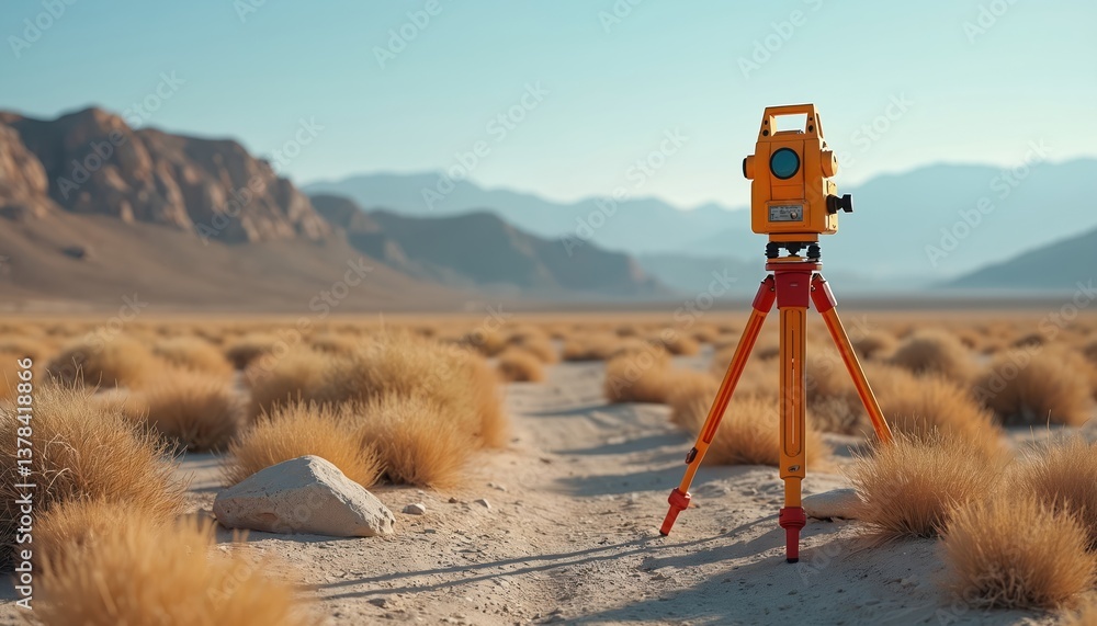 Surveying equipment total station stands arid desert landscape ...