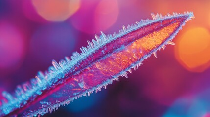 Wall Mural - A stunning close-up of a leaf adorned with frost. The vivid colors create a mesmerizing contrast. Nature and art combine in perfect harmony. Generative AI