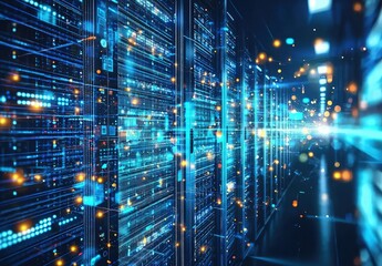 Poster - High-tech data center interior with vibrant blue servers and glowing data streams, ideal for illustrating cloud computing, cybersecurity, AI, and digital transformation topics