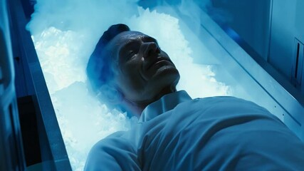 Poster - This person lies in cryogenic suspension, surrounded by ice for future exploration and preservation.