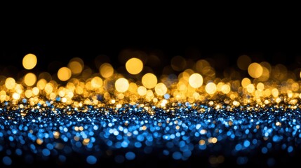 Festive gold and blue glitter bokeh background