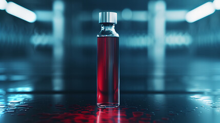 Poster - This synthetic blood vial is showcased in a cutting-edge lab, emphasizing innovation.