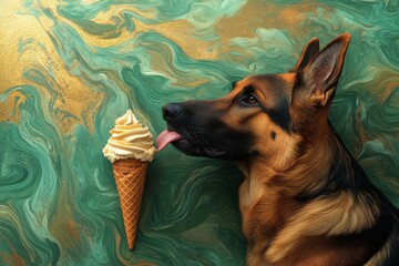 Aufkleber - Dog enjoys delicious ice cream cone against a colorful abstract background during a sunny afternoon