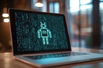 A laptop screen showing binary code with a flat robot icon, the concept of AI in coding 