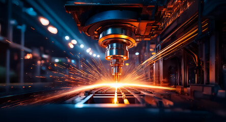 Poster - Automated industrial machinery in factory precisely cuts metal. Bright sparks illuminate the dark, metallic environment with orange glow.