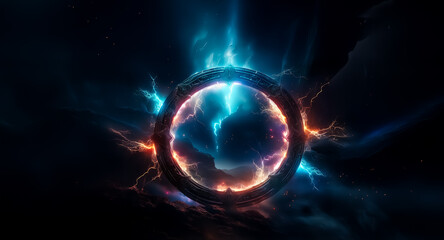 Poster - A mystical ring of energy pulsates in the dark expanse, emitting brilliant blue and orange lightning.  An otherworldly portal crackling with raw power and unknown potential.