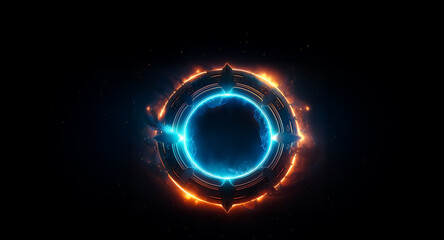 Poster - A vibrant glowing circle with a bright blue core and fiery orange outer edge stands out against a stark black backdrop, creating a futuristic and energetic abstract design.