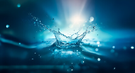 Leinwandbilder - Captivating water splash in shades of blue, illuminated from above with a bright light source.  Bokeh effect enhances the dynamic and refreshing scene.