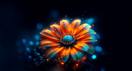 Poster - A luminous flower with orange and teal hues is centered on a dark background with bokeh lights. Water droplets adorn the petals of the stylized bloom.
