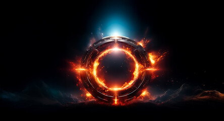 Poster - A fiery circular portal glows intensely against a dark backdrop, radiating energy with sparks and vibrant light effects.