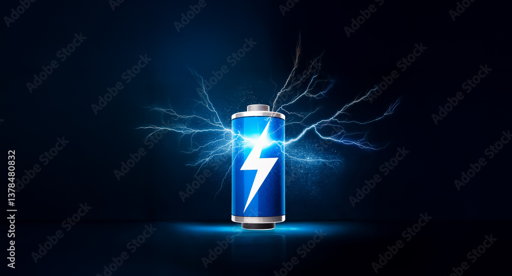 Battery with white lightning bolt on blue label, surrounded by electric ...