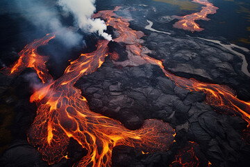 Wall Mural - volcano eruption from a bird view. volcano crater and magma flow shot from above. genertated ai.