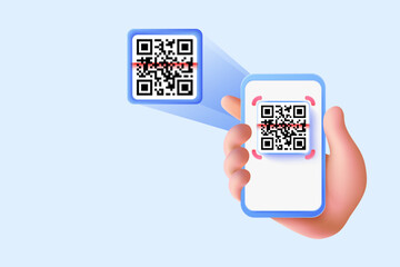 QR code scanning with smartphone, digital payment, and authentication concept. 3D vector illustration of a hand holding a phone scanning a QR code.  
