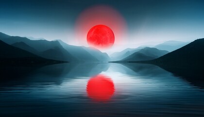 Wall Mural - dark atmospheric landscape with misty mountains and a glowing red sun reflecting over a calm lake in a surreal minimalist scene