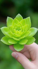 Wall Mural - A hand holds a bright green succulent, its rosette of leaves beautifully displayed against foliage