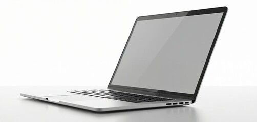 Realistic laptop mockup blank screen isolated white background. Modern computer design, perfect for presentations, website demos. Silver, black details, keyboard. Portable, sleek device for office,