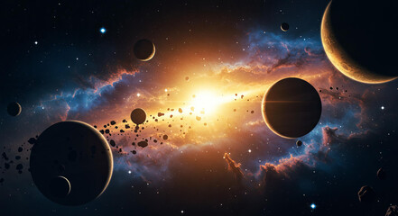 Wall Mural - cinematic scene planets cosmos showcases both immense complexity and simplicity, with its galaxies, 