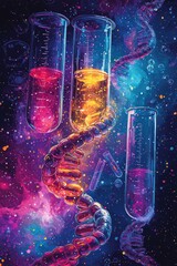 Wall Mural - colorful dna structure with beakers and molecular themes in vibrant space