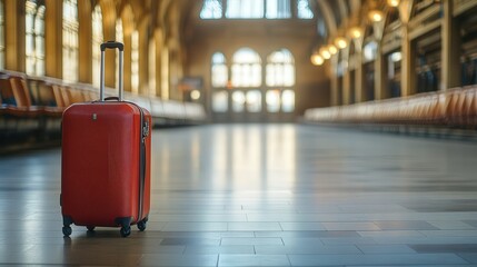 train station, with a single suitcase left behind in the corner, creating a feeling of pause, as if time has stopped in anticipation of a journey that might never begin.