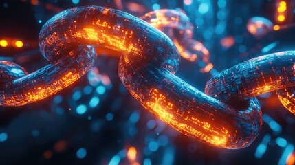Digital illustration of a glowing blockchain concept with a close-up of a chain made of binary code