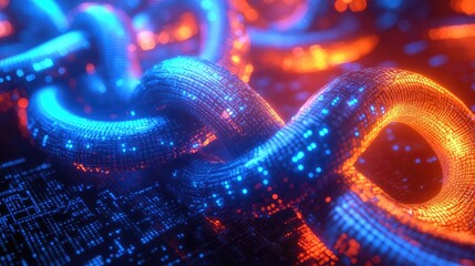 Digital illustration of a glowing blockchain concept with a close-up of a chain made of binary code
