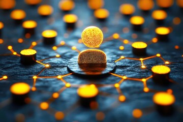 Wall Mural - abstract digital representation of interconnected spheres and nodes illuminated by glowing orange li
