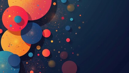 Abstract geometric design featuring array of colorful circles, dots. Dark blue background. Modern artistic digital artwork with vibrant playful design. Perfect for various tech designs, web design.