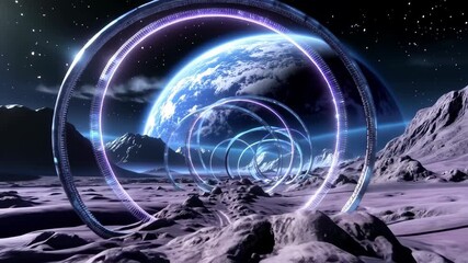 Canvas Print - a futuristic 3d, 4k moon landscape with glowing rings and earth in the background. the cosmic scener