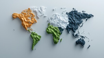 Poster - A 3D map of the world with the continents colored in green, blue, red, and white
