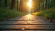 © Viktor - Wooden pathway forest sunlight. Leading way, path goes through green trees, grass. Journey, healing, inner peace, harmony, self-discovery. Nature, hope, well-being, mental health, mindfulness, peace,