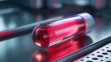 Poster - This bright red liquid in a vial is under study in a cutting-edge biomedical lab.
