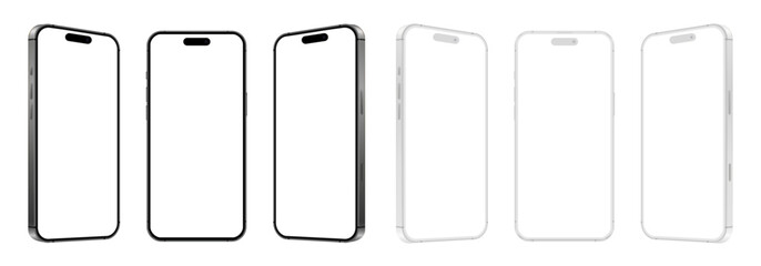 Poster - Smartphone mockup with blank white screen, detailed mobile phone mockup, black and white models smartphone front view and angle phone, model 3D mobile phone, ui, ux - vector