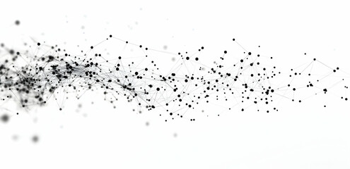 Abstract digital network background with black and white dots, lines, and particles on a white background
