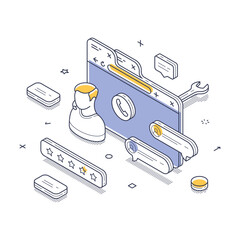 Wall Mural - modern isometric vector illustration showcasing a customer support interface. it displays user profi