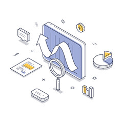 Wall Mural - Various elements related to data analysis, including charts, graphs, and magnifying glass, emphasizing the importance of visualizing growth trends for businesses. Modern isometric vector illustration