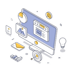 Wall Mural - digital marketing concept featuring a computer monitor displaying ads, surrounded by related element