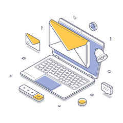 Wall Mural - email service online application concept. a colorful isometric line illustration depicts a laptop wi