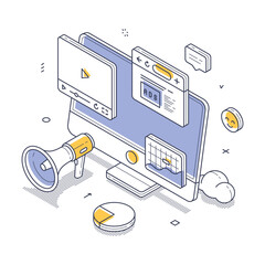 Wall Mural - various elements of digital marketing, including a computer displaying ads, multimedia content, anal