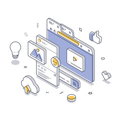 Wall Mural - quality contents concept. modern isometric design highlighting activities related to digital content