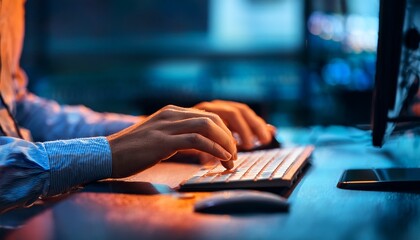 Hands Typing on Keyboard in Modern Tech Environment with Blue Light