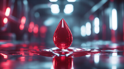 Aufkleber - This glowing synthetic blood droplet rests in a high-tech lab under red lights.