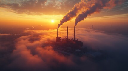 Aufkleber - Vibrant colors fill the sky as dawn breaks over a powerplant, with smoke billowing from tall towers amid fog, highlighting energy generation and infrastructure activities.