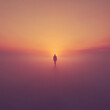 © ольга курбатова - a distant silhouette of a person walking into a glowing sunrise, slight fog, dreamlike environment, sleek futuristic minimalism, clean gradients, soft color palette, cinematic atmosphere