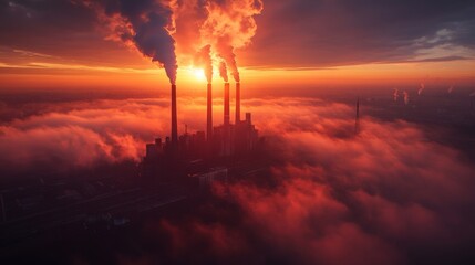Aufkleber - A powerplant is actively generating energy during sunset, with smoke billowing from chimneys and enveloped in a misty atmosphere, showcasing the intersection of extraction and energy production.