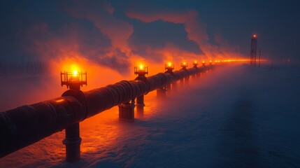 Leinwandbilder - An illuminated industrial pipeline stretches into the distance, showcasing the transportation of energy in a cold region during nighttime, surrounded by fog and atmospheric conditions.