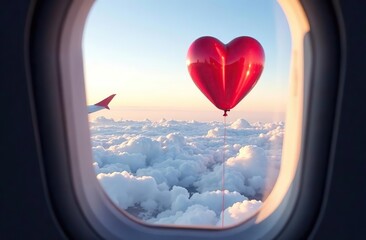 Wall Mural - view from the plane window to the sky with clouds and heart shape red balloon